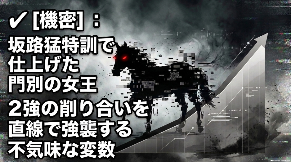 不気味な変数として 霧の 中から 現れる 黒い馬の シルエット 1日2本の 坂路猛特訓で 極限まで 仕上げられた 門別実績6勝の 女王 ゼロアワー の 存在を 示唆し 2強の 削り合いを 直線で 強襲する 伏兵として 秘匿する スライド画像