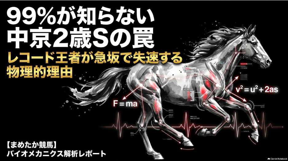 2026年中京2歳ステークスの予想を解説するスライドの表紙 
99%が 勘違いしている 統計の 罠 と レコード王者の 物理的死角 をゴールドの文字で強調したデザイン 
不穏な空気の漂うダーク調の背景に まめたか競馬 のロゴマークを配置したブログ専用スライドのタイトル画面