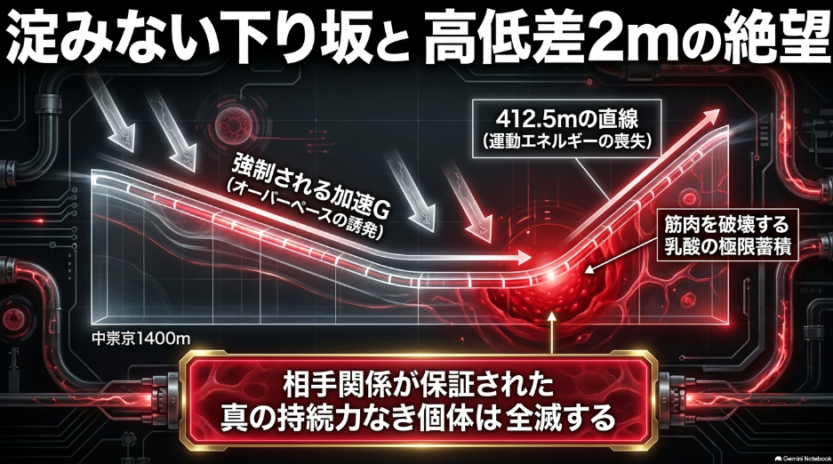 中京芝1400mのコース特徴と物理的な罠を解説するスライド 
スタートからだらだらと続く長い下り坂と直線の高低差2メートルの急坂がもたらす乳酸蓄積のメカニズムを解説 
下り坂によるオーバーペース と 直線の急坂における運動エネルギーの喪失 が逃げ先行馬に強いる過酷な負荷を示す図解資料
