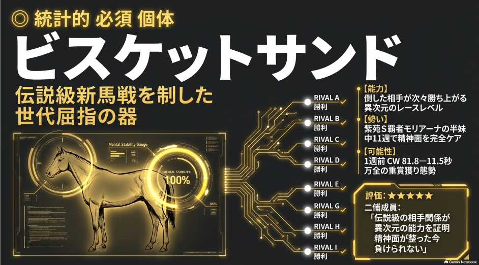 本命の統計的必須個体ビスケットサンドを分析するスライド 
能力 勢い 可能性の3つの視点から 後の勝ち上がり馬を多数輩出した伝説級新馬戦の価値とノーザンファームしがらき放牧による精神的成長を解説 
まめたかによる 新馬戦のレベルはメンバー随一 期待値と完成度を含めてここが勝利への本命だ という星5つの評価コメントを掲載
