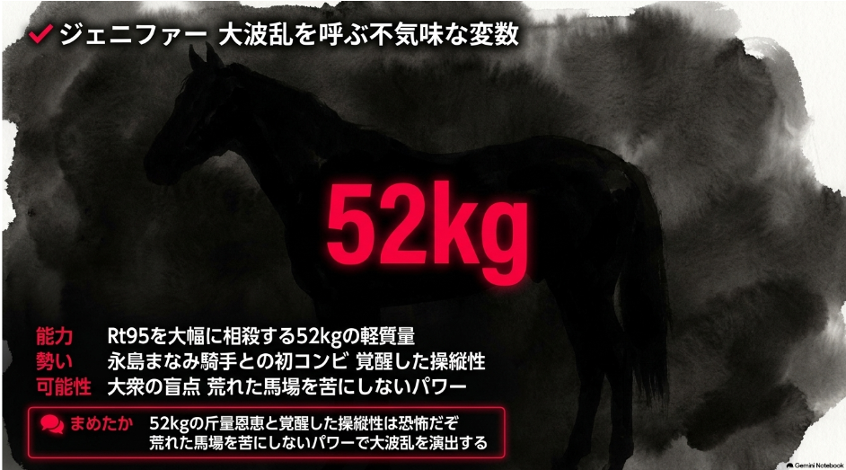 ✔︎ ジェニファー ： 52kg の 軽ハンデ と 永島 まなみ 騎手 による 覚醒した 操縦性