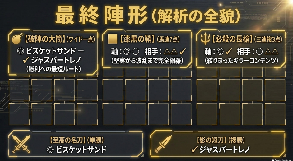 中京2歳ステークスの最終推奨買い目をまとめたスライド 
ワイド一点の破陣の大筒 ビスケットサンドからジャスパートレノ 
馬連7点流しの漆黒の鞘 と 三連複3点流しの必殺の長槍 
単勝ビスケットサンドの至高の名刀 と 複勝ジャスパートレノの影の短刀を整理したまとめ画像
