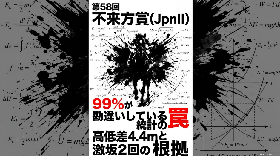 伝統的な 爆発的水墨画スタイルの 黒い背景 闇の中に たたずむ 競走馬の 力強い シルエット 画面中央には 黄金の 物理数式が びっしりと 浮かび上がる 視覚的違和感を 演出する 1フレーム目 第58回 不来方賞 JpnII 99%が 勘違いしている 統計の 罠 高低差4.4mと 激坂2回の 物理的 根拠 の 文字が 白と 黄金色で 刻まれている