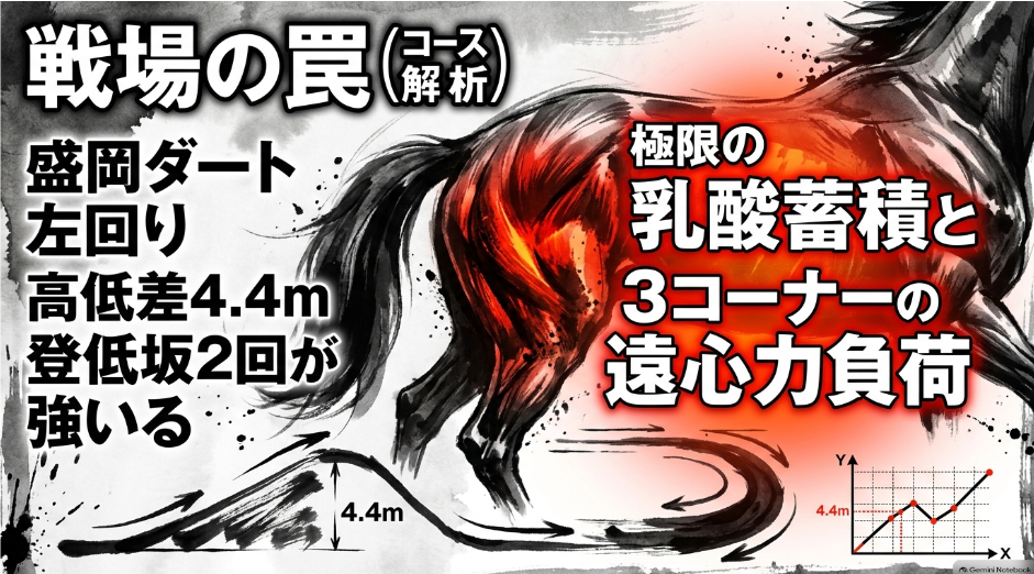 盛岡ダート 左回り 2000mの コース高低差と 起伏を 示した 統計インフォグラフィック スタート直後と ゴール前に 2回 備わる 登り坂 高低差4.4mの 激坂を 越える 物理的負荷 3コーナーからの 下り坂で 発生する 強烈な 遠心力負荷を 示す 矢印と 乳酸蓄積による 筋肉限界を 意味する 朱赤の グラデーションエフェクト
