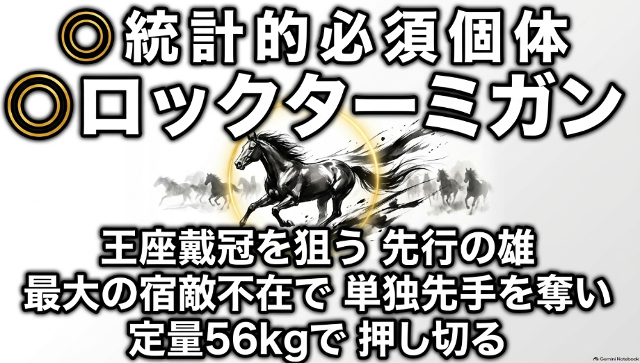 本命馬 ◎ ロックターミガン を 描いた 豪快な 掠れと 滲みを 駆使した 水墨画 泥を 跳ね上げて 猛然と 先行する 躍動的な 競走馬 宿敵フィンガー不在の 盤面で 単独先手を 奪い 定量56kgで 押し切る 圧倒的な 物理性能を 示す 金箔色の 装飾が 施されている