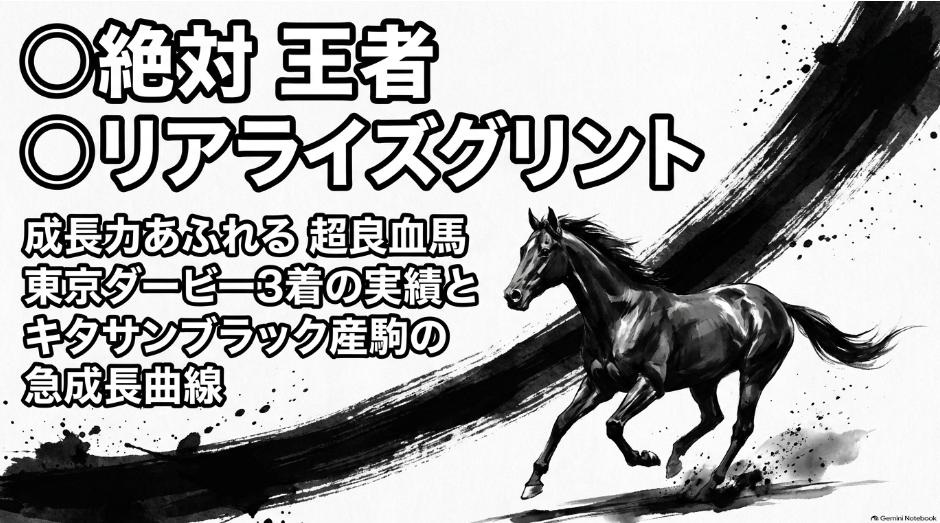 対抗馬 ◯ リアライズグリント を 描いた 流麗な 筆致の 水墨画 コーナーを スムーズに 旋回し 左回り適性を 示す 競走馬の 美しい フォーム 東京ダービー3着の 実績と 父キタサンブラックの 晩成血統から 導かれる 夏を越した 飛躍的な 成長曲線を 視覚化した スライド
