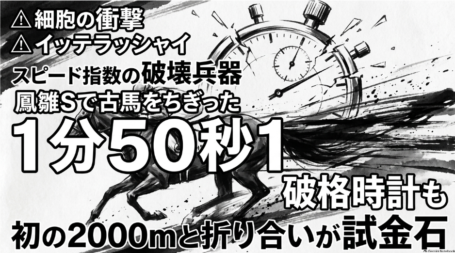 連下馬 △ イッテラッシャイ を 描いた スピード感 あふれる 水墨画 鳳雛Sで 古馬3勝クラスを 1.3秒ちぎり 良馬場1分50秒1の 破格時計を 叩き出した 規格外の 快速馬 2枠2番の 絶好枠と 課題の 折り合いを 示す 2000mの 距離延長への 試練