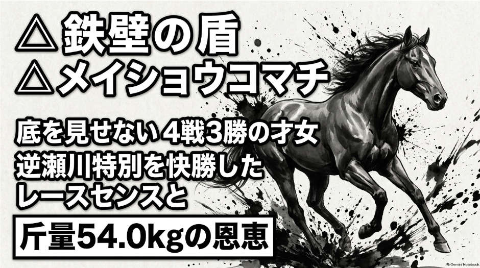 連下馬 △ メイショウコマチ を 描いた センスあふれる 繊細な 水墨画 4戦3勝の 底知れない 3歳牝馬 逆瀬川特別で 牡馬古馬を 3馬身差で 完勝した 抜群の レースセンス 斤量54.0kgの 恩恵を 活かして 追い比べに 持ち込む 勝負気配
