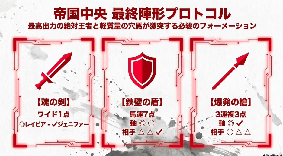 魂の剣（ワイド） 鉄壁の盾（馬連） 爆発の槍（三連複） の 帝国 買い目 プロトコル を 配置