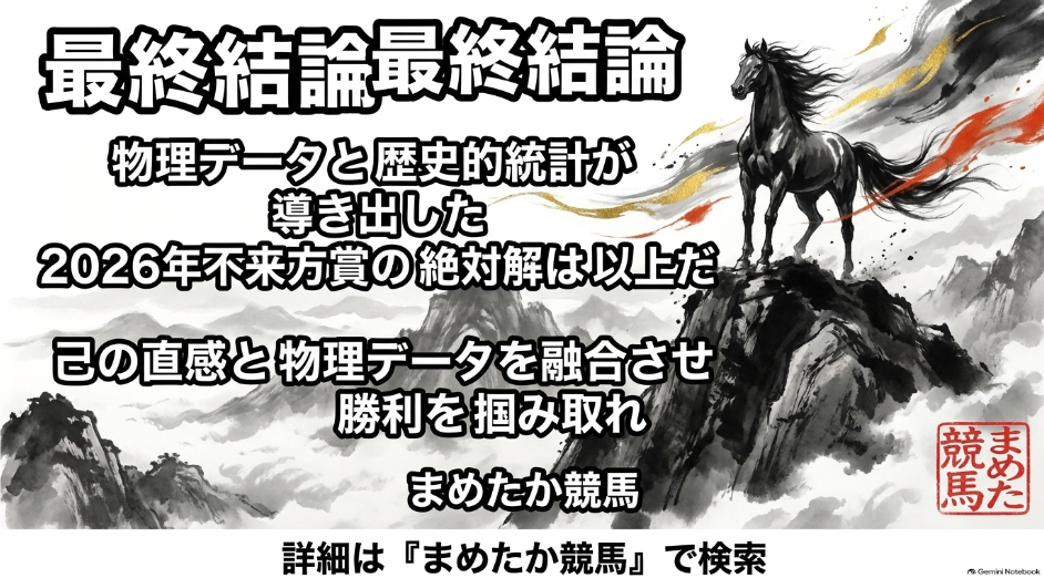 不来方賞の 結びと ブログへの 検索誘導を 促す 白背景の 1秒スライド 詳細は まめたか競馬 で 検索 と 太い黒文字で 刻まれ 視聴者を 本陣へと 迂回進軍させる 最後の 視覚的トリガー
