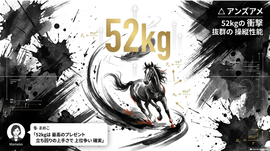 連下 アンズアメ 52キロの 衝撃 抜群の 操縦 性能と 立ち回りに よる 重賞 初制覇への 期待を 語る 分析 資料 まめこ キャラクター 評価