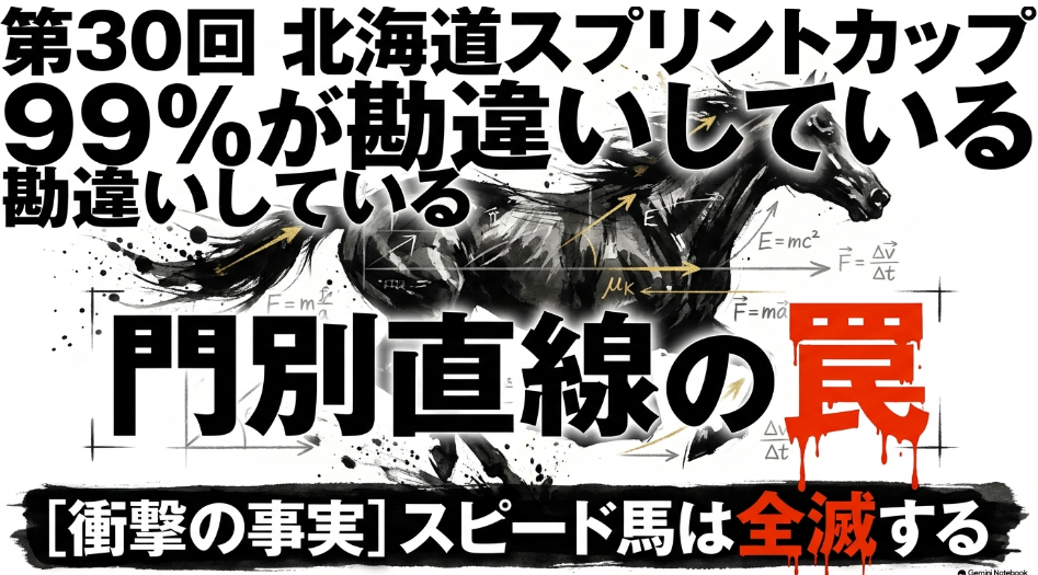第30回 北海道スプリントカップ(JpnIII)の予想スライド表紙。爆発的な水墨画(Forceful Sumi-e)スタイルで描かれた力強いサラブレッドの背景に、「99%が 勘違いしている 門別直線の 罠」というネガティブフックのテキストが配置されている