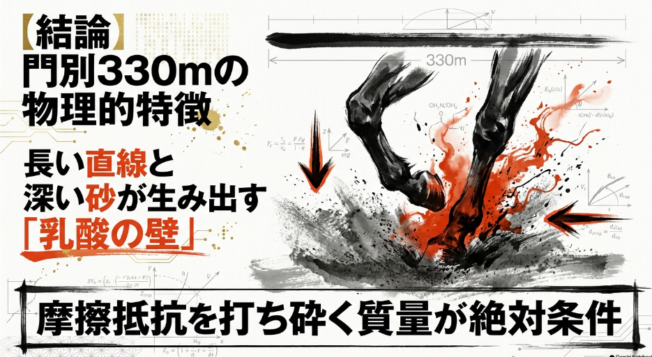 門別競馬場ダート1200m外回りコースの物理解析図。直線330mと深い砂が運動エネルギーを減衰させる「乳酸の壁」のメカニズムを、図解とアイコンで可視化している