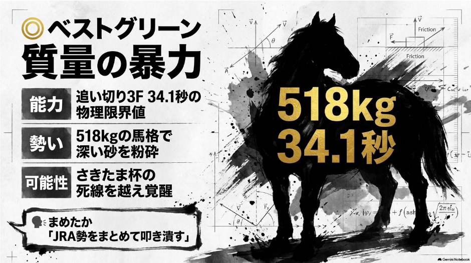 最重要観測個体ベストグリーンの解析。518kg(または522kg)の雄大な馬体と、追い切り3F 34.1秒という物理限界値のテロップ。まめたか氏の「JRA勢を まとめて 叩き潰す」という断定的なコメントが付記されている