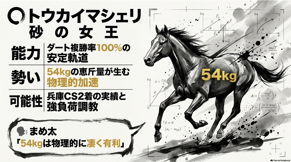 絶対王者トウカイマシェリの解析。54kgという牝馬特有の恵斤量による「2kgの物理的加速アドバンテージ」を、速度ベクトル図のような演出で解説している