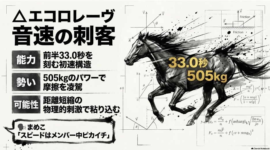 細胞の衝撃エコロレーヴの解析。505kgのパワー構造と、中山戦でマークした前半33.0秒の「音速のスピード」を強調したビジュアル