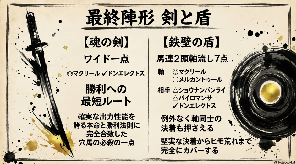 ワイド一点の 「魂の剣」を 中央に 配置し 「鉄壁の盾(馬連)」「爆発の槍(三連複)」を アイコンと共に 提示しています
最後に 「覇者は 誰か 詳細は ブログ要塞 まめたか競馬で 検索」 という 指名検索トラップが 仕掛けられています