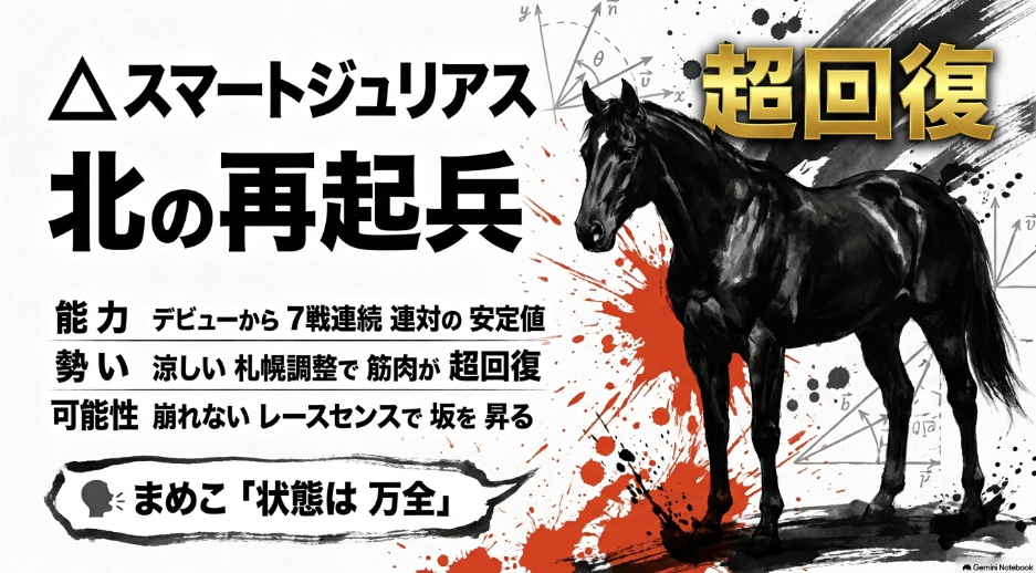 鉄壁の盾スマートジュリアスの解析。札幌調整による筋肉の超回復と「状態万全」を示すデータ、およびまめこ氏の冷静な分析コメント