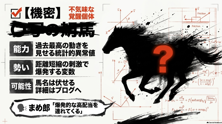 不気味な覚醒個体(機密)のシルエットスライド。名前を伏せることでツァイガルニク効果(未解決の問い)を狙い、「詳細はブログへ」という強力な誘導ボタンが配置されている