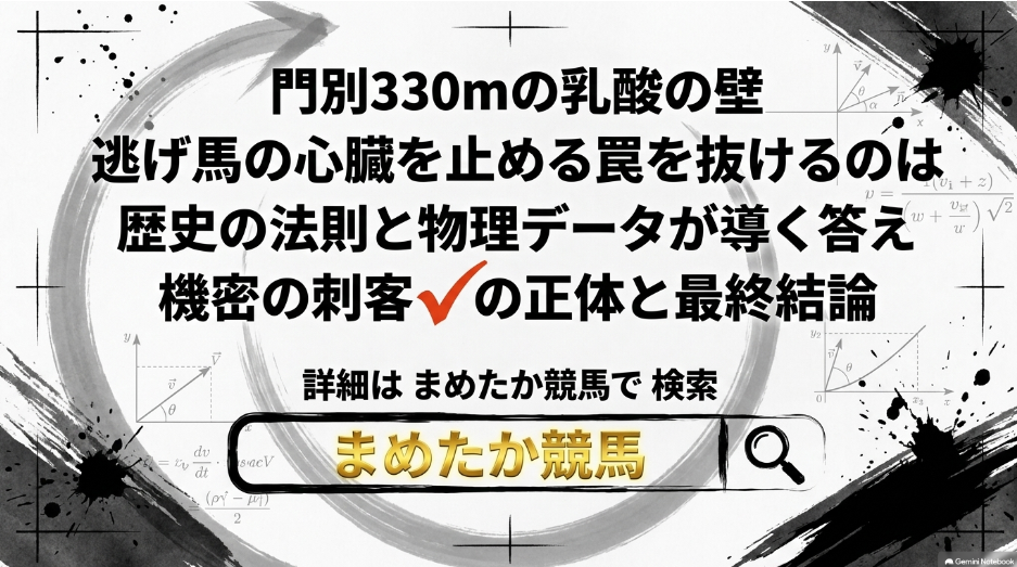 指名検索誘導スライド。「歴史の法則と物理データが導く答え」という一言と、検索窓に「まめたか競馬」と入力されたグラフィック