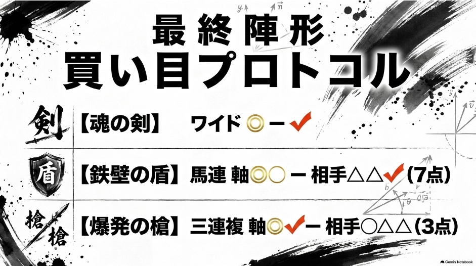 買い目プロトコル。魂の剣(ワイド ◎-✔︎)、鉄壁の盾(馬連7点)、爆発の槍(三連複3点)のアイコンと具体的な組合せ案