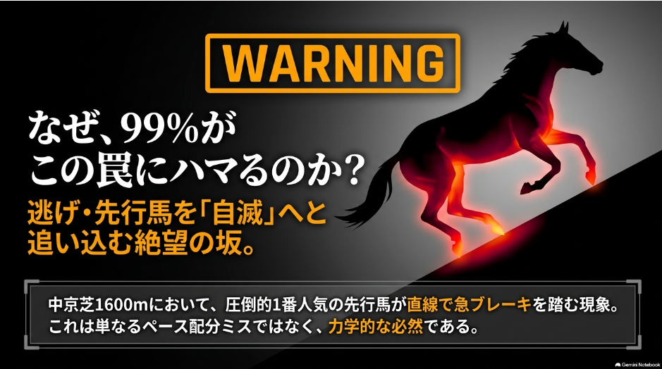 中京芝1600mの断面図を用い、バックストレッチの持続的な下り勾配による無酸素運動の強要と、直線半ばに待つ「高低差2mの急坂」が加速Gを減退させるメカニズムを解説