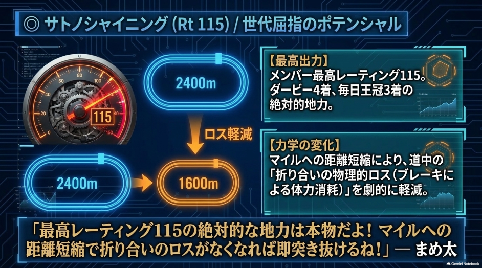 ◯サトノシャイニング): メンバー最高Rt 115のポテンシャルを解説。1600mへの短縮が、これまで課題だった「折り合いのロス」を軽減させる物理的メリットを提示