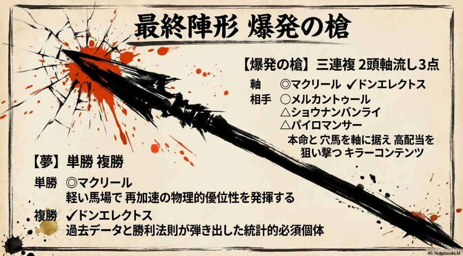 ワイド一点の 「魂の剣」を 中央に 配置し 「鉄壁の盾(馬連)」「爆発の槍(三連複)」を アイコンと共に 提示しています
最後に 「覇者は 誰か 詳細は ブログ要塞 まめたか競馬で 検索」 という 指名検索トラップが 仕掛けられています