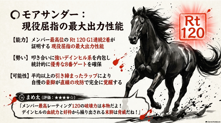 絶対王者 モアサンダー 能力レーティング120 G1連続2着の最大出力性能とデインヒル系の血統力を推す専門官まめ太のコメント
