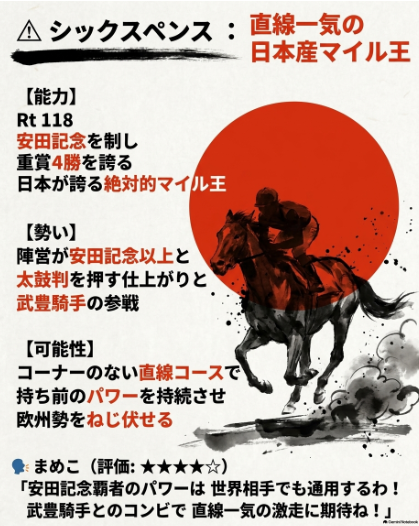 細胞の衝撃 シックスペンス 能力レーティング118 安田記念覇者のパワーと武豊騎手の参戦による可能性を説く専門官まめこの分析