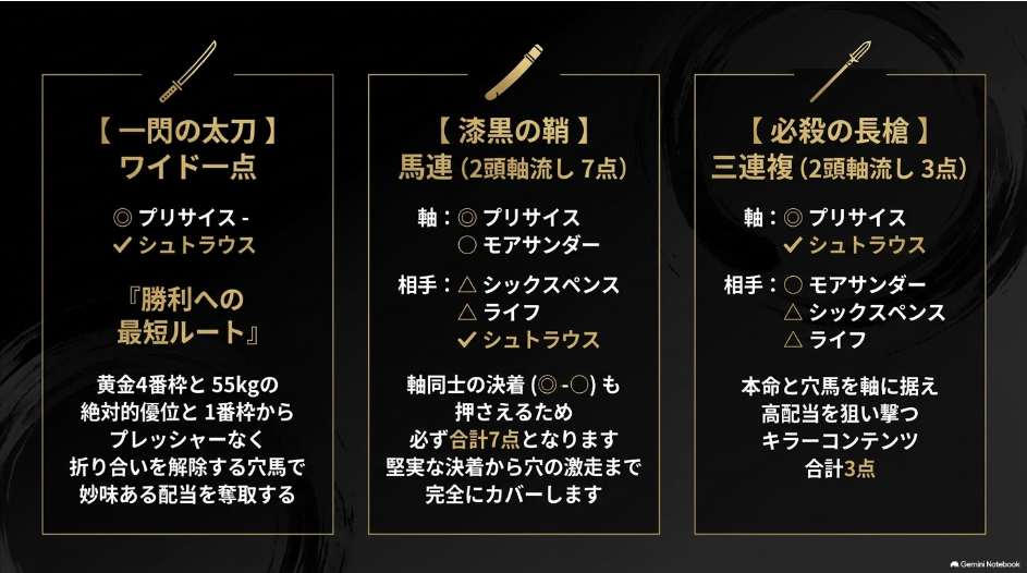 帝国買い目プロトコル Ver 3.0 ワイド一点 漆黒の鞘馬連7点 必殺の長槍三連複3点の組み合わせ一覧