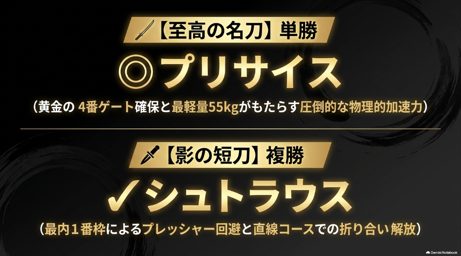 （至高の名刀/影の短刀）： 最終決断 単勝◎プリサイス 複勝✔︎シュトラウス 物理的・統計的根拠に基づいた勝利への最短ルート