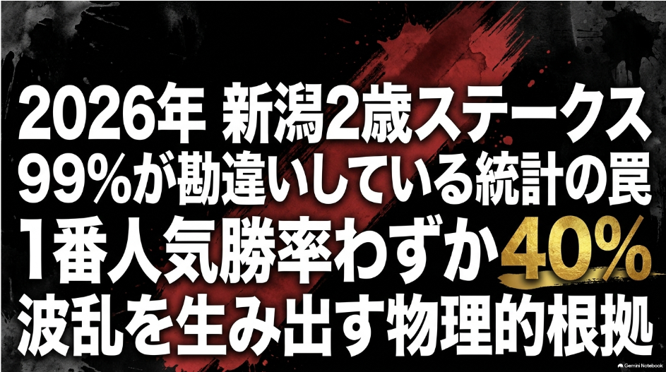 新潟2歳ステークス2026予想スライドの表紙 濃紺の背景にゴールドと白の文字で「99%が勘違いしている統計の罠 外枠好走率78.9%の物理的根拠」と大きく書かれた戦略的なスライドデザイン