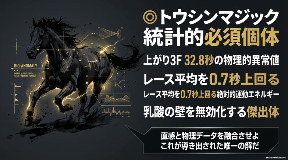 新潟2歳ステークス本命◎トウシンマジックの能力分析スライド 力強いタッチで描かれた馬のシルエットに「新潟マイルで上がり32.8秒を記録した怪物 3億1000万の超良血を破った唯一のコース経験馬」というキーワードが配置されたデザイン