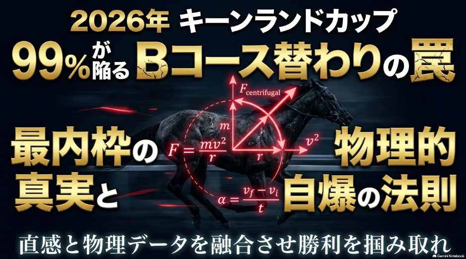 キーンランドC2026予想スライド表紙 Bコース替わりの罠と最内枠の真実 99%が勘違いしている統計の罠と最内グリーンベルト出現の物理的根拠を示す墨絵風短距離競走馬の力強いビジュアル 2026年8月23日札幌競馬場第21回キーンランドカップG3の最終分析レポートグラフィック
(※タイトルおよび導入のネガティブフック
、Bコース替わりの罠
、競馬場・開催日データ
)