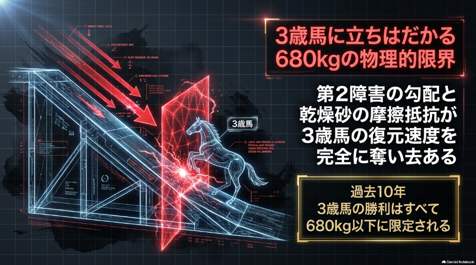 帯広200m直線における 第2障害の 勾配と 乾燥砂が 生む 走路摩擦抵抗を 図解した コース分析