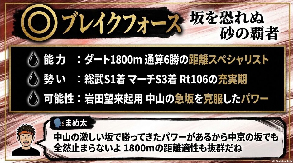 ◯ 絶対 王者 ブレイクフォース 1800メートルの 支配者 通算6勝を 誇る 距離の スペシャリスト 中山の 急坂を 克服した パワーは 中京でも 物理的 優位に 働く