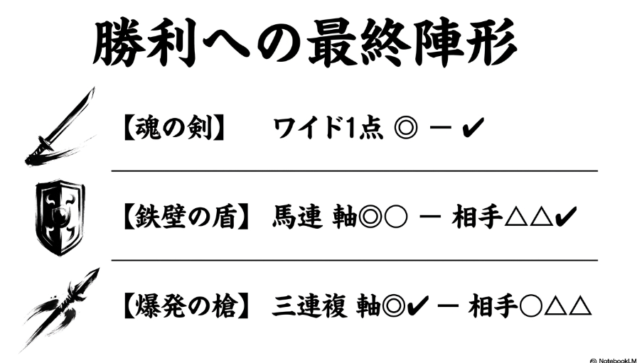 最終 陣形 帝国 買い目 プロトコル 魂の剣 ワイド一点 ◎－✔ 鉄壁の盾 馬連 軸◎◯ 相手△△✔ 爆発の槍 三連複 軸◎✔ 相手◯△△
