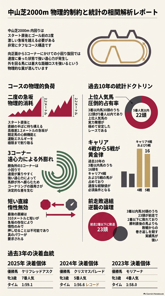 1枚目：表紙（タイトルとグランドコンセプト）
【タイトル】 第11回紫苑ステークスGⅡ コース力学完全攻略
【サブタイトル】 中山芝2000m内回りに潜む過酷な物理的制約と 10年統計が証明した激走馬の絶対法則
【グランドコンセプト】 競馬を ギャンブル ではなく 物理現象の 芸術 として 捉える 独自の コース力学解析 と 過去の 統計データが 導き出す 勝利への羅針盤
■ 2枚目：コースの罠（物理力学の視点）
【2回の上り坂がもたらす乳酸の限界蓄積】
スタート直後の急坂 ─ 直線入口から スタートして すぐに 待ち受ける 急坂でのポジション争いが 心肺機能と 運動エネルギーを 急激に 消耗させる
ゴール前の名物急坂 ─ 最後の 直線半ばに そびえ立つ 高低差2.2メートルの急坂が 息を入れさせない 非常に タフな流れを 生み出す
【3コーナーの小回り旋回における遠心力ロス】
内回りの罠 ─ 最後の 直線が 310メートルと 短いため 3コーナーから スピードに乗って 立ち回る必要がある
外回りの致命的ロス ─ コーナーで 外へ膨らむと 莫大な遠心力負荷と 距離ロスが発生し 自慢の 末脚を 物理的に 相殺させてしまう
■ 3枚目：歴史の法則（過去10年の傾向データ）
【人気：上位人気馬が圧倒的に強い】
2番人気以内の強さ ─ 過去10年の 連対馬20頭のうち 半数にあたる 10頭を 2番人気以内の実績馬が 占めている
5番人気以内の信頼 ─ 3着以内馬 30頭のうち 22頭が 5番人気以内であり 大波乱よりも 実力馬の 信頼度が 非常に高い
【実績：キャリア4〜5戦の最適な消耗度】
理想的な キャリア数 ─ 3着以内馬 30頭のうち 16頭を キャリア4戦 または 5戦の個体が 占めている
若さと 経験のバランス ─ 肉体の 消耗が 少なく かつ レースへの 慣れを 兼ね備えた 絶妙なキャリアが 優勢
【前走：巻き返しを期す敗戦組の反撃】
敗戦からの復活 ─ 3着以内馬 30頭のうち 23頭は 前走で 2着以下に 敗れていた馬であり 勝ち上がり直後よりも 巻き返し組が 狙い目
重賞組の圧倒的優位 ─ 3着以内馬 30頭のうち 20頭が 前走で 重賞を 走っていた馬であり 臨戦過程の 質が 結果に 直結する
■ 4枚目：血統の構造（2026年有力血統のデータ）
【急坂をねじ伏せるパワーと機動力の血】
キズナ産駒（ドリームコア） ─ 母は 2019年ヴィクトリアマイル 2020年香港Cを 制した 名牝ノームコア 世代屈指の 瞬発力と パワーを 兼ね備える
シルバーステート産駒（リアライズルミナス） ─ オークス4着で 証明された 抜群の 機動力と 急坂を 苦にしない 先行持続性能
ロゴタイプ産駒（ベンヴェヌータ） ─ 中山芝2000mの ミモザ賞を含む 中山2戦2勝の 舞台適性 父は 同コースの 皐月賞を コースレコードで 制した 特化型の血
ロードカナロア産駒（ジッピーチューン） ─ 桜花賞3着を 誇る 鋭い末脚 中山マイルで 4馬身差の 圧勝実績があり コース適性は 申し分ない
