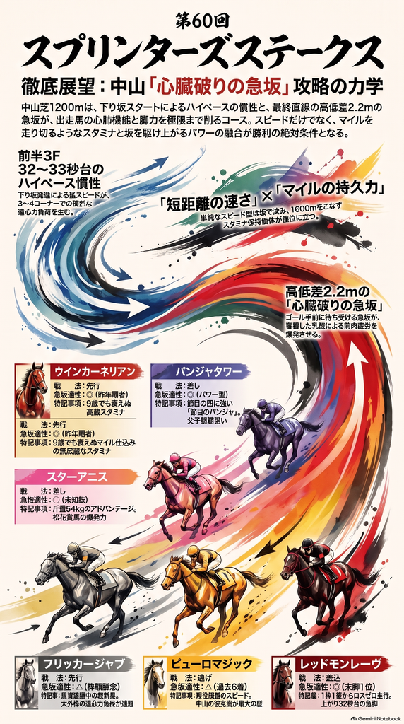 1. ヘッダー・コース断面図部分
スプリンターズS2026インフォグラフィック(コース概要):中山芝1200mの外回りコース立体図と高低差2.2m急坂・下り坂加速の力学データ
2. 注目馬性能比較マップ部分
スプリンターズS2026インフォグラフィック(注目馬性能比較):ウインカーネリアン・パンジャタワー・スターアニス・フリッカージャブ・ピューロマジック・レッドモンレーヴの斤量・レーティング・脚質比較図解
3. 最終陣形・買い目サマリー部分
スプリンターズS2026インフォグラフィック(最終陣形):破陣の大筒ワイド1点・馬連7点・三連複3点の構成と軸馬・穴馬の組み合わせ図