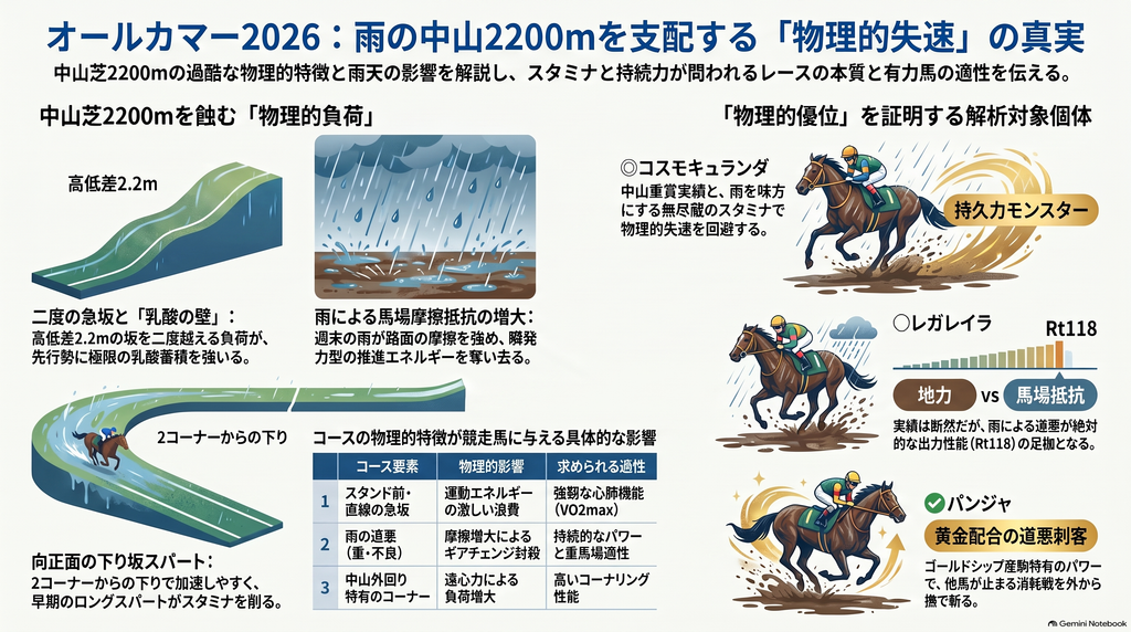 第72回産経賞オールカマーGIIのレース展望インフォグラフィック
 中山芝2200m外回りコースの断面図と高低差2.2mの二度の急坂 スタート直後とゴール前の坂を視覚化
 雨による馬場摩擦抵抗の増大と乳酸蓄積の物理メカニズムを図解
 出走馬5頭（◎コスモキュランダ ◯レガレイラ △ジューンテイク △エセルフリーダ ✔︎パンジャ）の能力 勢い 可能性のレーダーチャートと適性シミュレーション