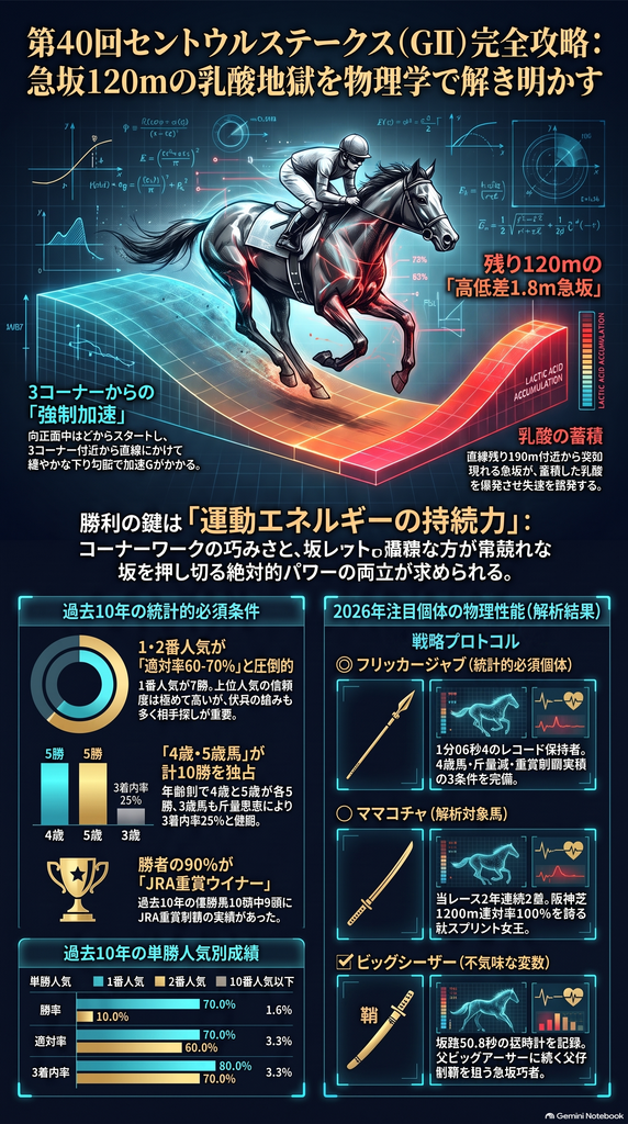 第40回セントウルステークスGⅡ 阪神競馬場芝1200m内回りコースの物理的負荷と過去10年統計データを可視化したデータ解析インフォグラフィック。
上部にはコース高低差図があり 3コーナー下り勾配での強制加速から 直線残り190m地点に待ち構える高低差1.8m急坂にかけた乳酸蓄積の力学負荷を解説。
下部には過去10年の統計データ（年齢別成績 4歳5歳が中心 ／ 前走クラスの格 GⅠ・GⅡ組の圧倒的優位性 ／ JRA重賞勝利実績の有無 勝ち馬10頭中9頭が重賞ウイナー）を整理したマトリクス表を配置。
物理的かつ統計的アプローチでセントウルステークスの力学適合条件を暴く スポーツ科学・データ解析者向けの解説図
