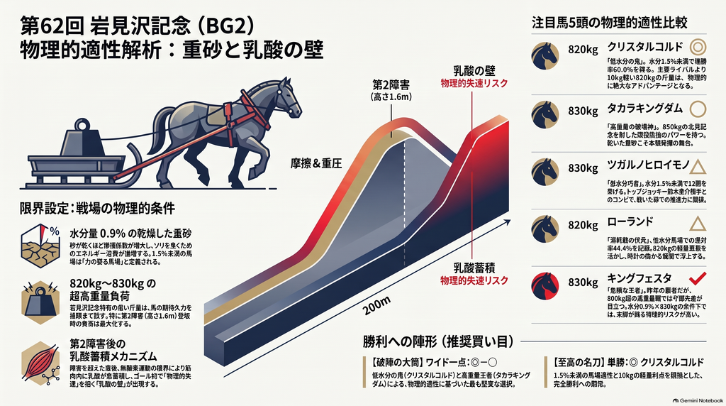 第62回岩見沢記念BG2レース展望インフォグラフィック 帯広ダート200m直線コースにおける水分量0.9%の乾いた重砂と高さ1.6mの第2障害 820kgから830kgの斤量負荷と第2障害後の乳酸蓄積メカニズム 注目馬5頭の物理的適性比較インフォグラフィック
