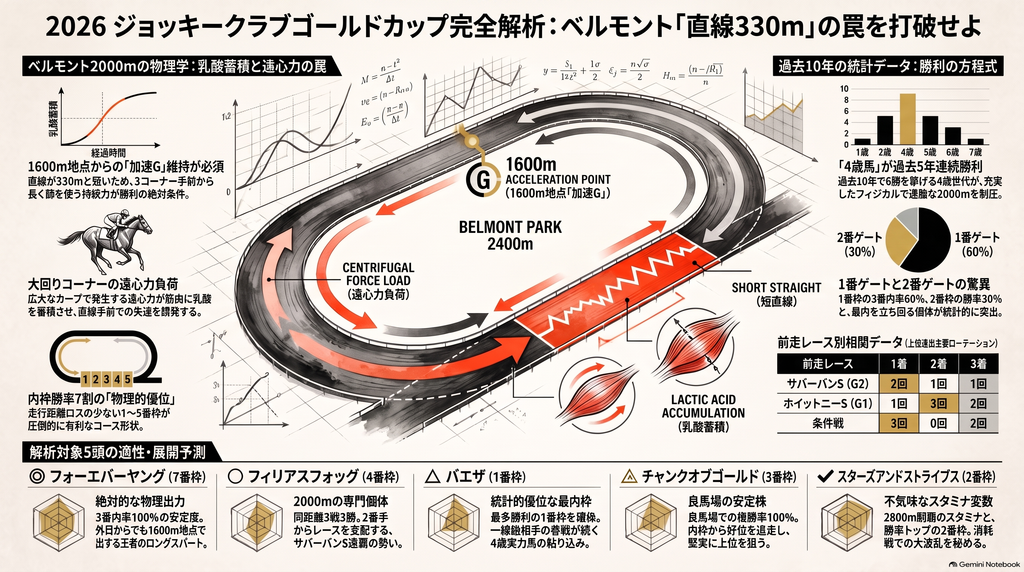 026年ジョッキークラブゴールドカップ（G1）のレース展望インフォグラフィック。ベルモントパーク2000mの物理的特徴（直線330m・1600mロンスパ）、過去10年のデータ（4歳馬優位）、注目馬5頭の展開予想を図解