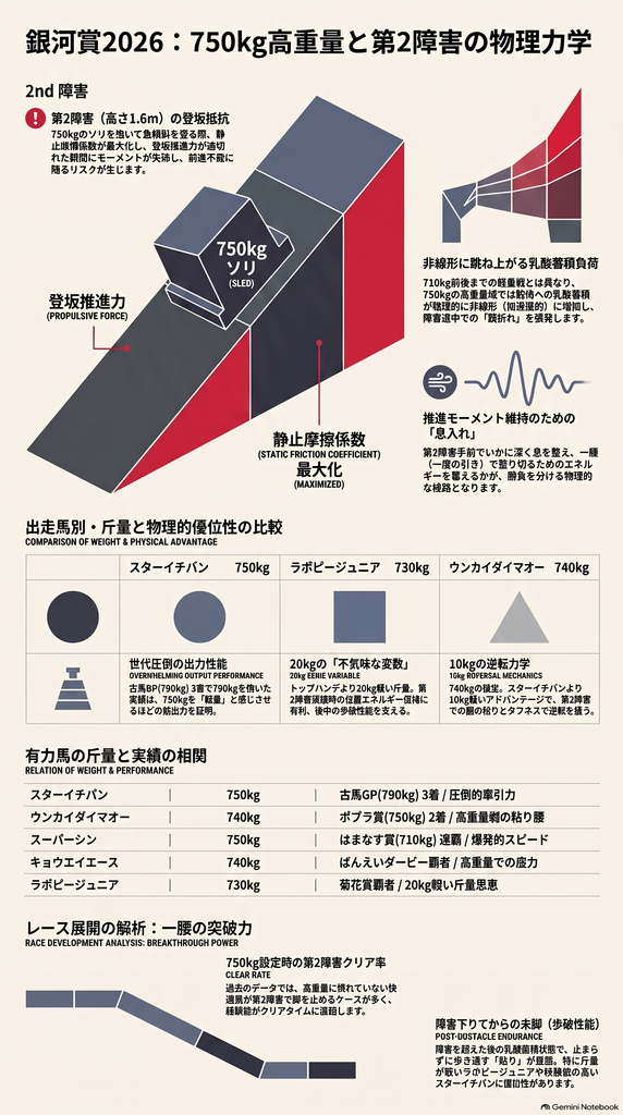 グラフィックタイトル:銀河賞2026 レース展望インフォグラフィック
全体構成の概要:帯広200m直線コースの構造図、第2障害における物理的負荷(静止摩擦力・勾配抵抗)、出走各馬の斤量比較ピラミッド、注目5頭の能力・適性マトリクスを1枚に凝縮したビジュアル解説図案。
構成要素1:コース構造と第2障害の罠
図解内容:
全長200mのコースイラスト。スタート直後の第1障害(高さ1.25m)から、1.6mの高さを持つ第2障害(天坂)へのアプローチ。
物理注記:ソリ重量750kg牽引時、第2障害の登り勾配で静止摩擦係数が最大化。坂の途中で推進力が途切れると脚の止まり(乳酸蓄積)が発生。
構成要素2:斤量(負担重量)比較チャート
図解内容:
750kg(トップハンデ):スターイチバン、スーパーシン(パワー要求度MAX)
740kg(10kg減):ウンカイダイマオー、キョウエイエース(絶好のハンデ位置)
730kg(20kg減):ラポピージュニア(障害ひと腰クリアの有力枠)
690kg(最軽量):パワフルクィーン(牝馬ハンデで先攻策)
構成要素3:注目馬5頭の力学マトリクス
図解内容:
スターイチバン:高重量適性 5/5|障害力 5/5(世代絶対王者)
ウンカイダイマオー:高重量適性 4.5/5|障害力 5/5(10kg差で逆転を狙う刺客)
スーパーシン:高重量適性 3.5/5|スピード・推進力 5/5(750kgの克服がカギ)
キョウエイエース:高重量適性 4.5/5|底力 4.5/5(740kgで復活狙う世代王者)
ラポピージュニア:高重量適性 4/5|末脚・堅実性 4.5/5(20kg差活かす堅実派)
構成要素4:結論・買い目フロー
図解内容:高重量750kgを苦にしない◎スターイチバンと、10kg恵まれた◯ウンカイダイマオー、20kg恵まれた✔︎ラポピージュニアを中心に組み立てる推奨馬券フロー。