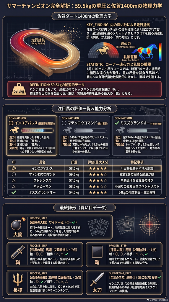 佐賀ダート1400mの コース力学と サマーチャンピオン JpnIIIの レース展望 インフォグラフィック画像
スタートから 最初の コーナーまでの 物理的挙動と 内の深い砂が もたらす 減速抵抗の ⚠️警告エリアを 図解
小回りコーナーでの 遠心力負荷が 競走馬の 筋肉に 与える 乳酸蓄積と 心肺負荷の 物理的限界値を 視覚化
過去10年の 統計データが 示す 59.5kg以上の トップハンデ馬の 勝利ゼロデータと 54.0kg以上の 地方所属馬の 上位占有率60%データの 比較グラフ
JRA実績馬 インユアパレス マテンロウコマンド ストレングス ハッピーマン と 地方高知の ミスズグランドオーの フィジカル適性 比較レーダーチャート
走行距離の 物理的ロスを 最小限に 抑える 立ち回り性能と ゲートダッシュ性能の 重要ポイント解説
まめたか競馬 本編ブログへ 読者を 強制誘導する 検索キーワード まめたか競馬 提示スライド