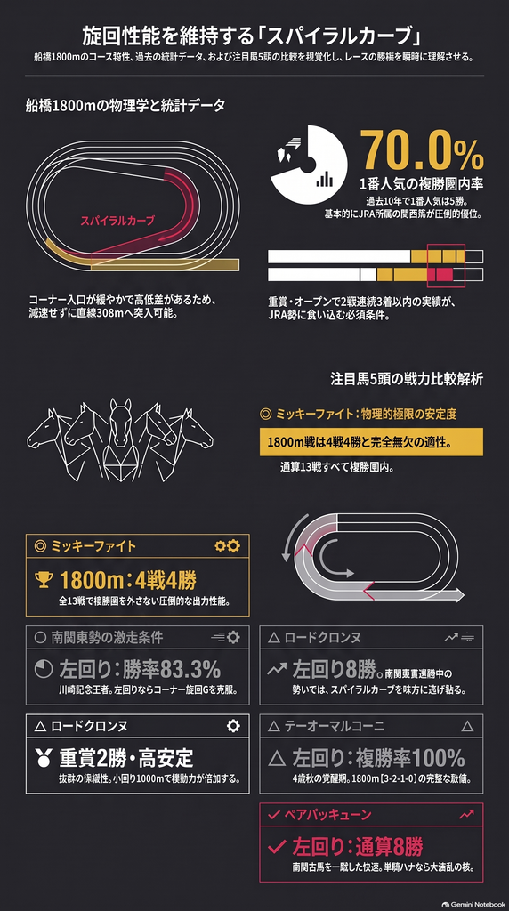コース分析図解：船橋1800mの形状（スタート後の長い直線約450m・カント付きスパイラルカーブ・ゴール前直線308m）と遠心力・乳酸蓄積の力学。
データグラフ：単勝1番人気の圧倒的信頼度（勝率50%/複勝率70%）とJRA関西馬・関東馬の優位性を示す比較チャート。
注目馬5頭の比較マトリックス：
◎ ミッキーファイト（JRA・5歳）：通算13戦全複勝圏、1800m戦4戦4勝の安定度。
◯ カゼノランナー（JRA・5歳）：左回り【5-0-0-1】のレフトハンド特化性能。
△ ロードクロンヌ（JRA・5歳）：ダート転向後13戦中11戦で掲示板内を確保した抜群の立ち回り力。
△ テーオーマルコーニ（JRA・4歳）：1800m戦【3-2-1-0】、破竹の勢いで上り詰めた新星。
✔︎ ベアバッキューン（川崎・4歳）：左回り8勝、南関重賞4勝の快速単騎逃げ馬。
