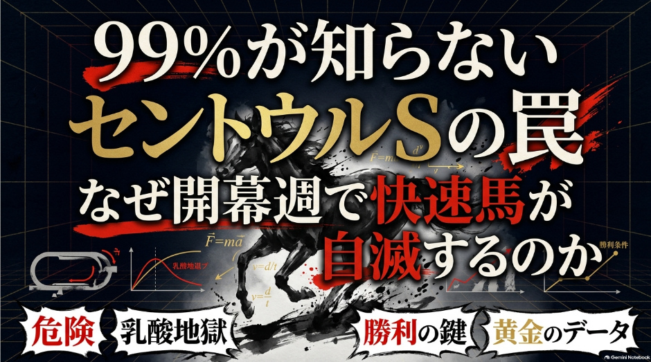 第40回セントウルステークスGⅡ 99%が勘違いしている統計の罠と物理的根拠を暴くデータ解析スライド表紙。背景は深みのあるダークトーンにゴールドと白の極太文字