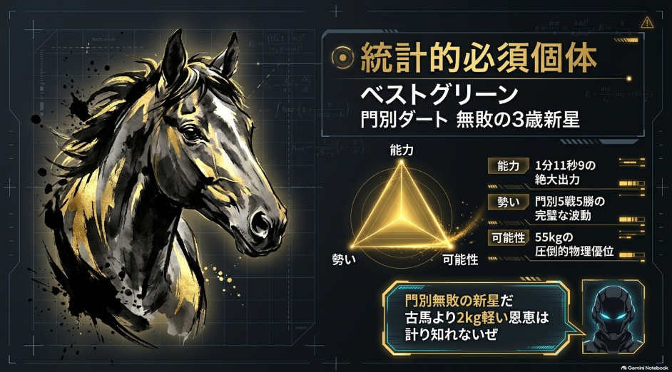 ◎ ベストグリーン : 門別ダート無敗の3歳新星
前走JpnIIIを良馬場1分11秒9で完勝 古馬を一蹴
古馬57kgに対し斤量55kg(2kg減)の絶大な物理的アドバンテージ