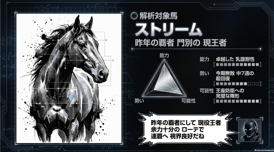 ◯ ストリーム : 昨年の覇者・門別スプリント界の現王者
今期門別でオープン競走を連勝中 完璧な臨戦過程
直線330mで発揮される卓越した乳酸耐性で連覇へ王手